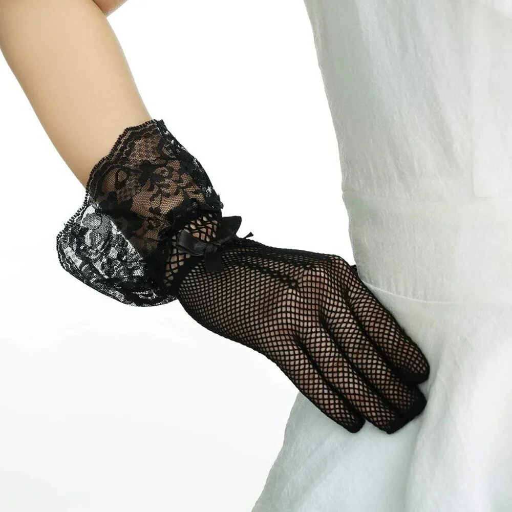 Women's B-Black Bow Lace Elegant Wrist Gloves Ruffle Bridal Wedding Party Prom